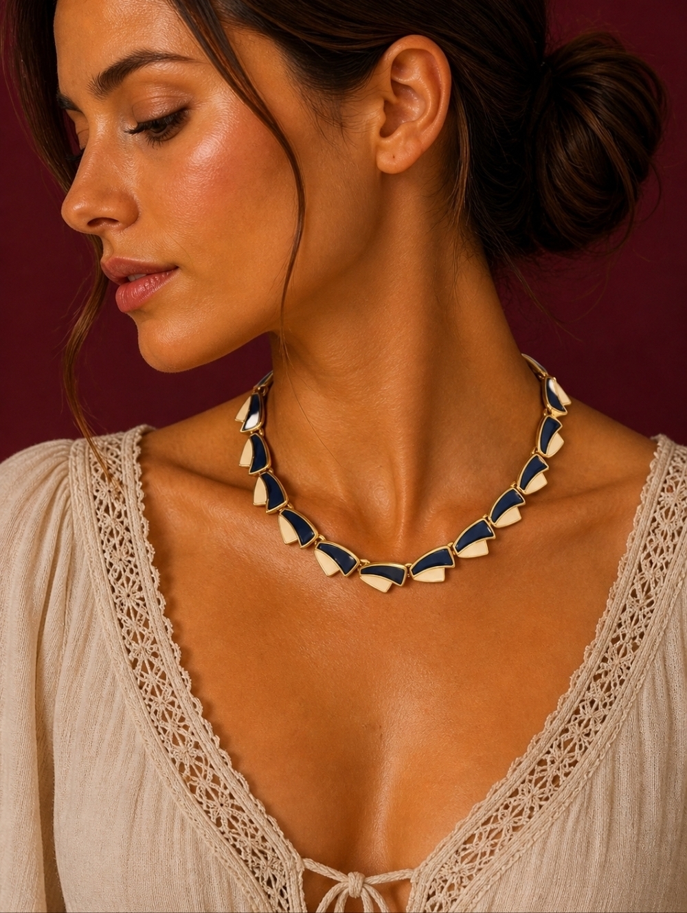 Vintage 1990s Navy Blue, Cream and Gold Enamel Geometric Necklace